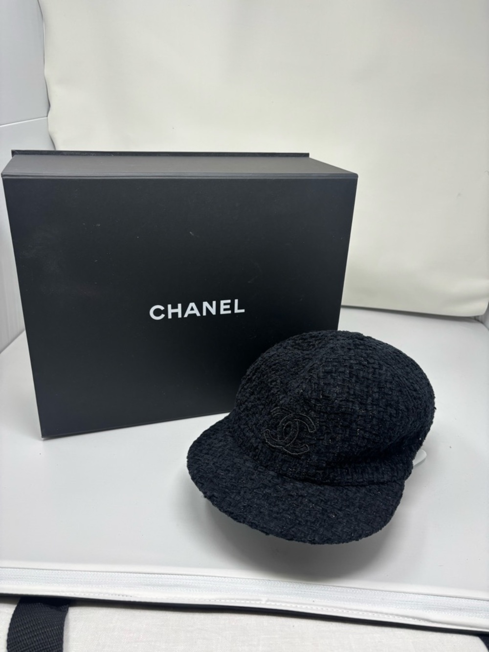 CHANEL Black Tweed Logo News/Baker Boy Style: lightly Worn with Box: rare large - Picture 2 of 4